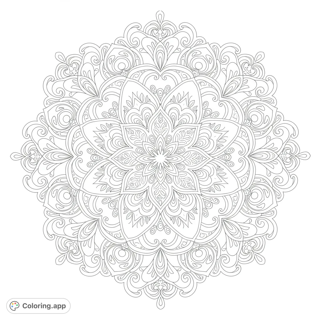 A detailed floral mandala with intricate patterns and a subtly integrated, empowering script for adult colorists.