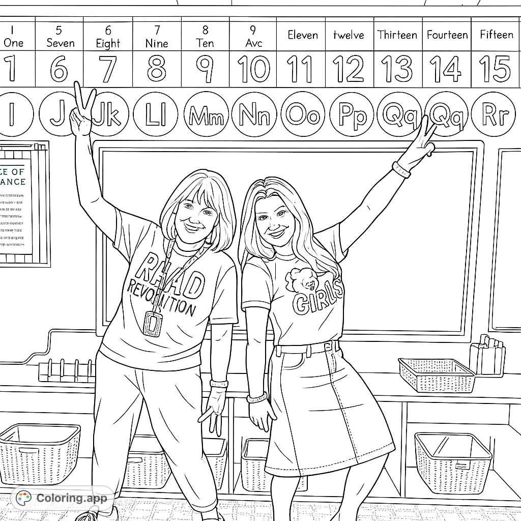 A cheerful classroom scene featuring two smiling teachers posing with peace signs. Perfect for school-themed fun and teacher appreciation.