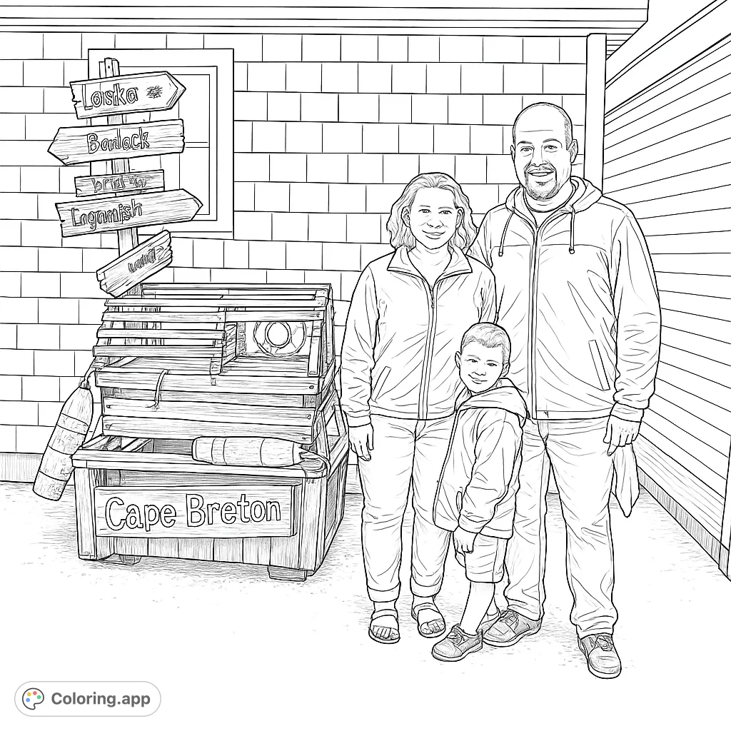 A charming coastal family adventure scene featuring a family by rustic lobster traps and a unique signpost. Perfect for a relaxing coloring experience.