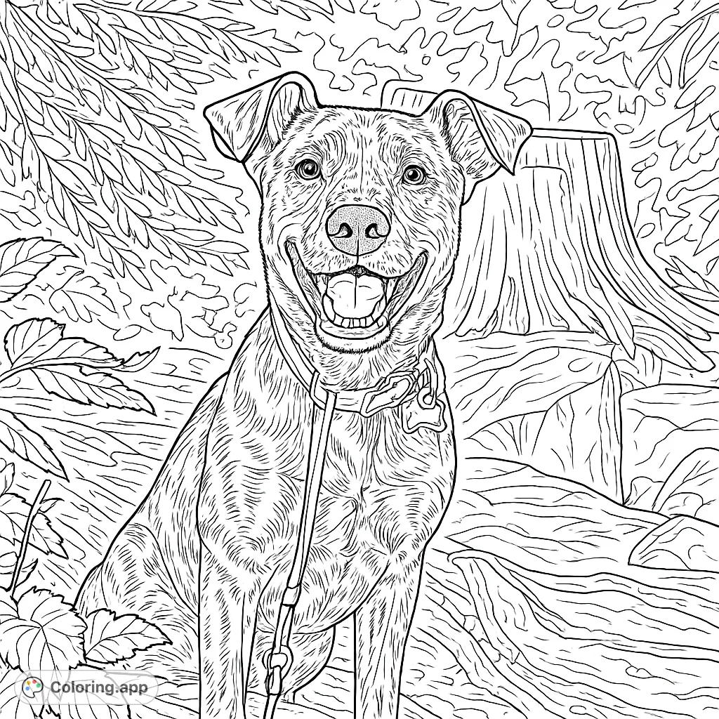 A highly detailed dog coloring page featuring a happy canine companion in a forest setting, perfect for animal lovers. Free printable dog coloring page.