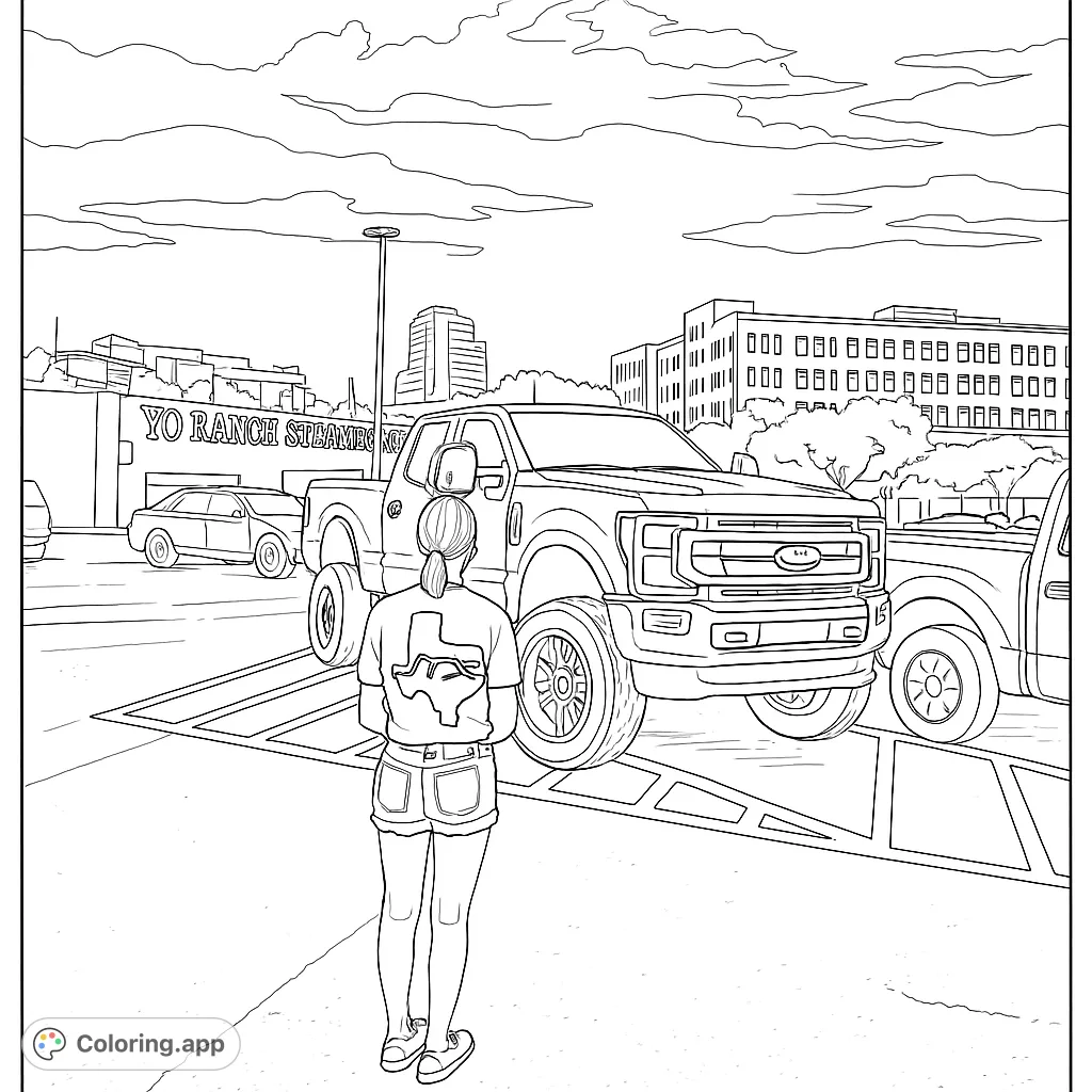Color a detailed urban scene featuring a person admiring a large, lifted pickup truck in a city parking lot, surrounded by buildings and other vehicles.