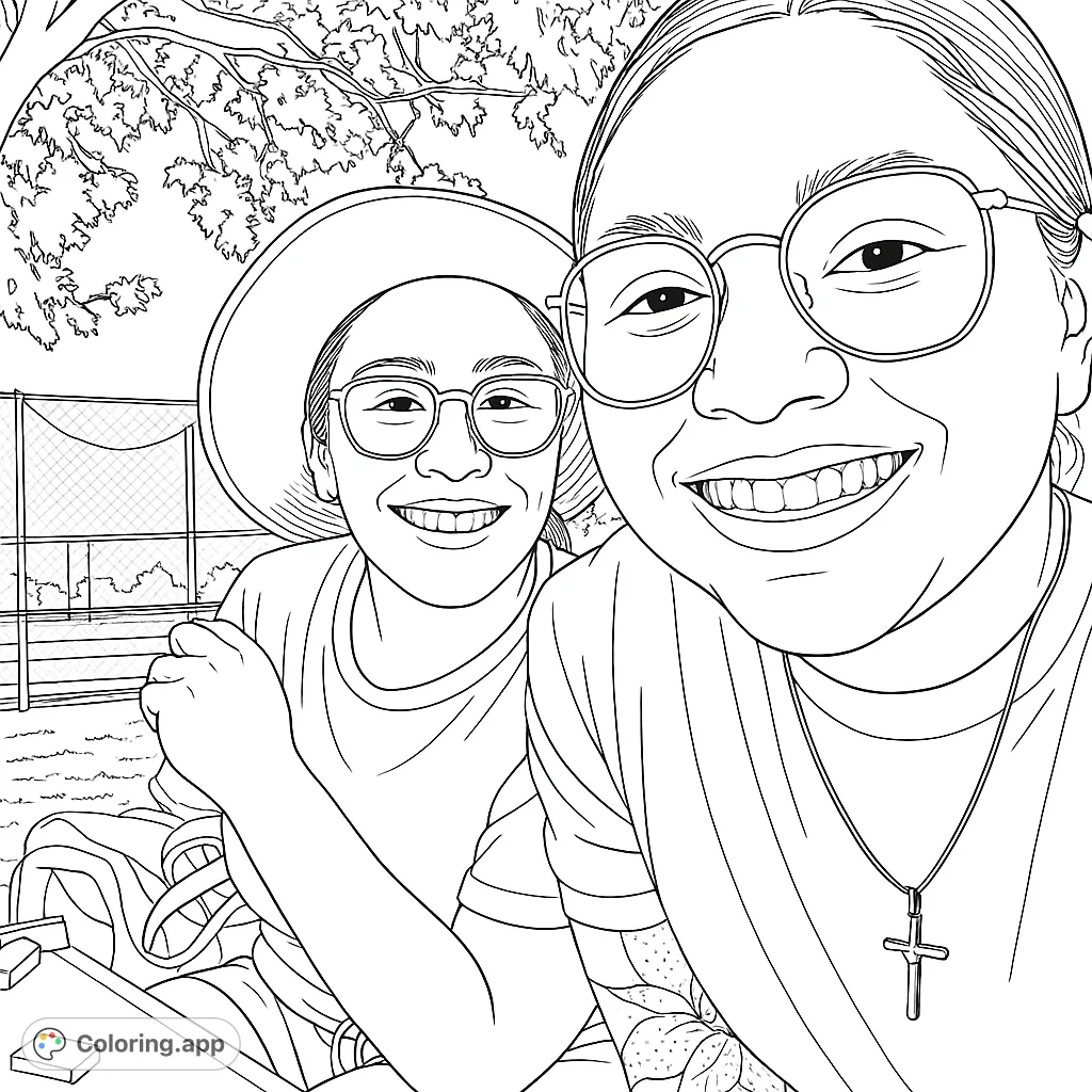 Capture the joy of friendship with this outdoor portrait. Two smiling individuals, one with a hat, one with a cross necklace, under a tree canopy.