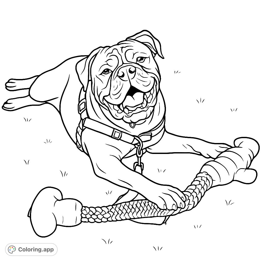 A happy dog lies on the grass, playfully holding its favorite toy. This delightful dog coloring page is perfect for animal lovers of all ages.