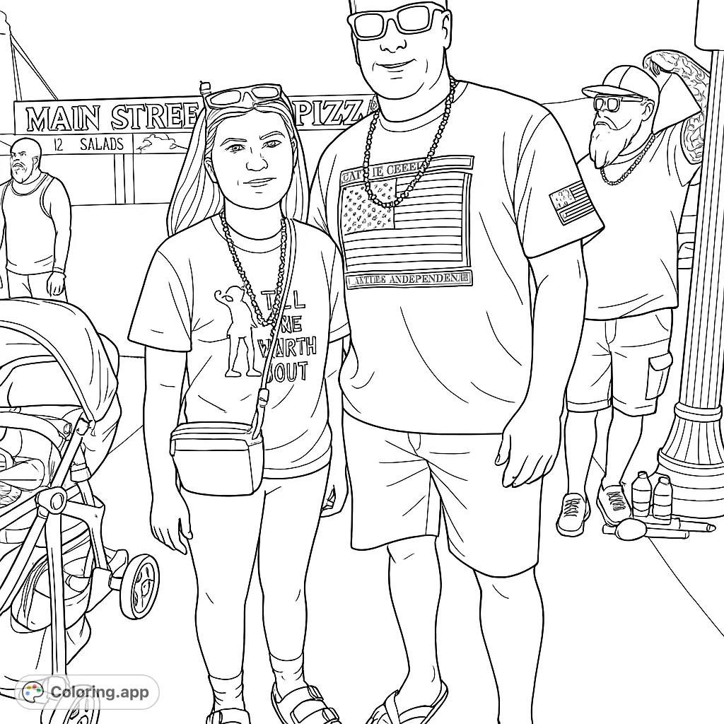 Capture a lively community gathering with this free printable coloring page featuring two main figures and a bustling outdoor scene.