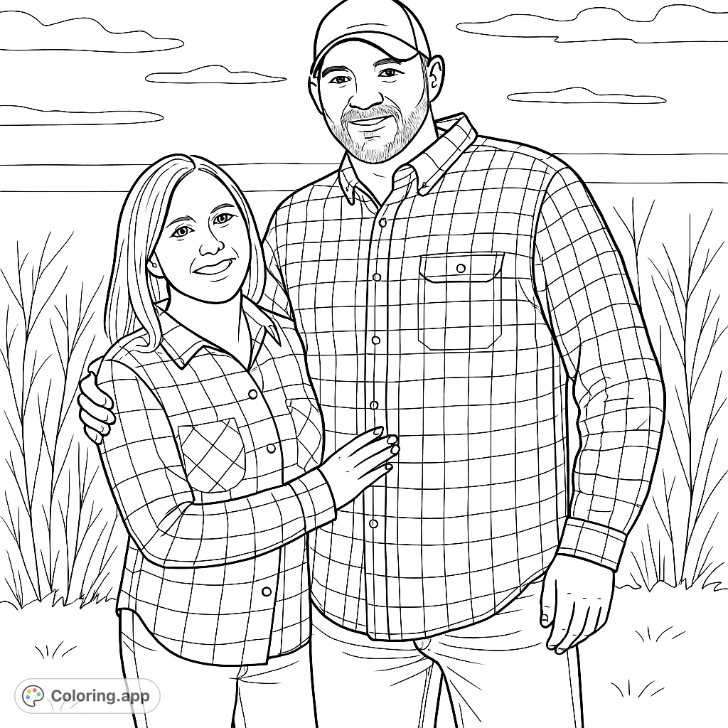 A heartwarming coloring page featuring a couple in plaid shirts embracing outdoors, perfect for celebrating love and connection.
