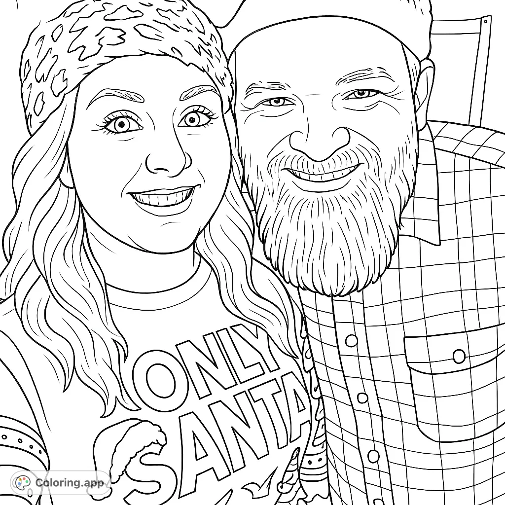 A cheerful couple in festive attire, featuring a woman in a spotted hat and a man with a beard, ready for holiday coloring fun.