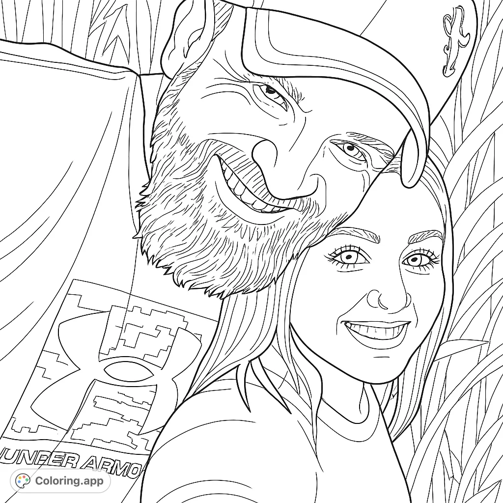 Capture a heartwarming moment with this smiling couple coloring page. Features a man with a beard and a woman, set against a natural backdrop.