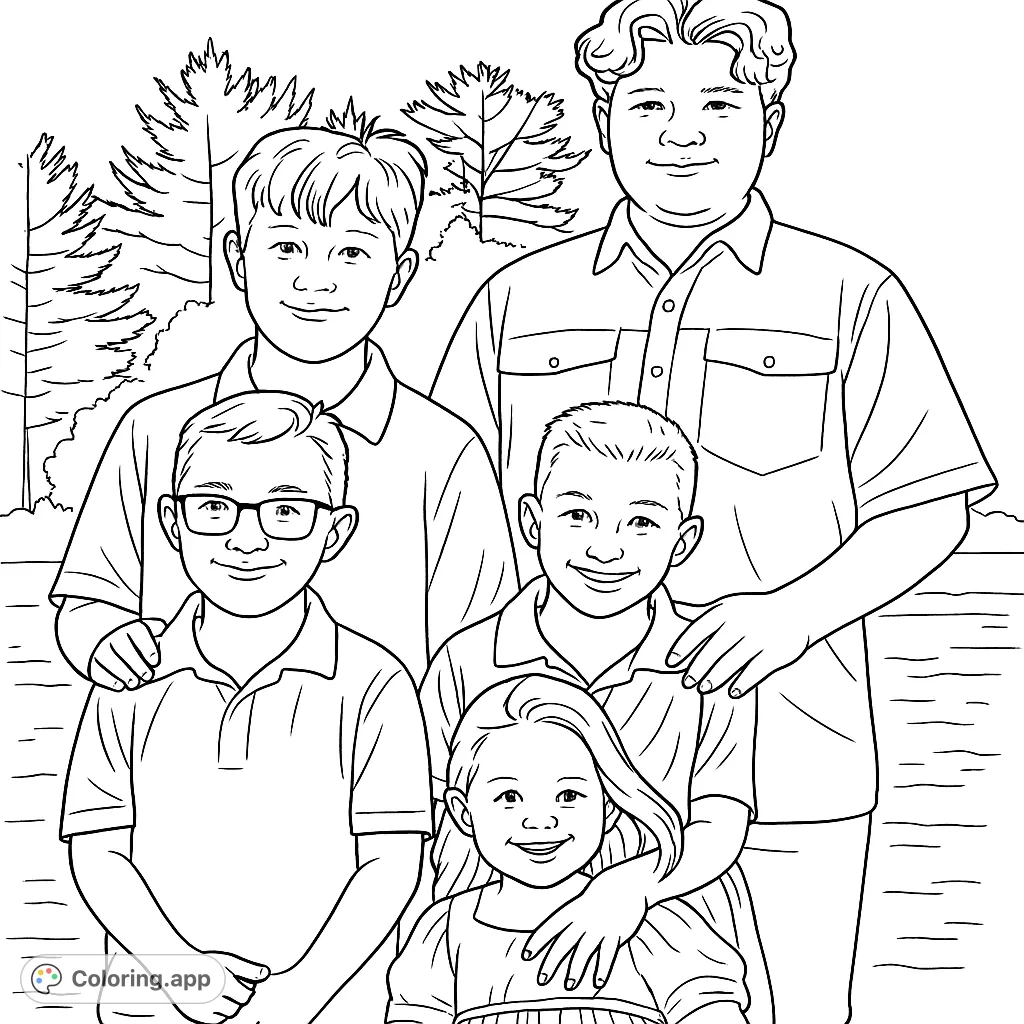 Capture the joy of five children smiling together by the water. A heartwarming scene perfect for family-themed coloring fun.