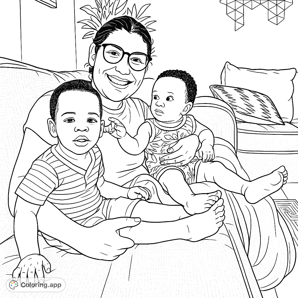 A heartwarming scene of a smiling woman cuddling two adorable babies on a cozy couch. This free printable family coloring page is perfect for celebrating love and connection.