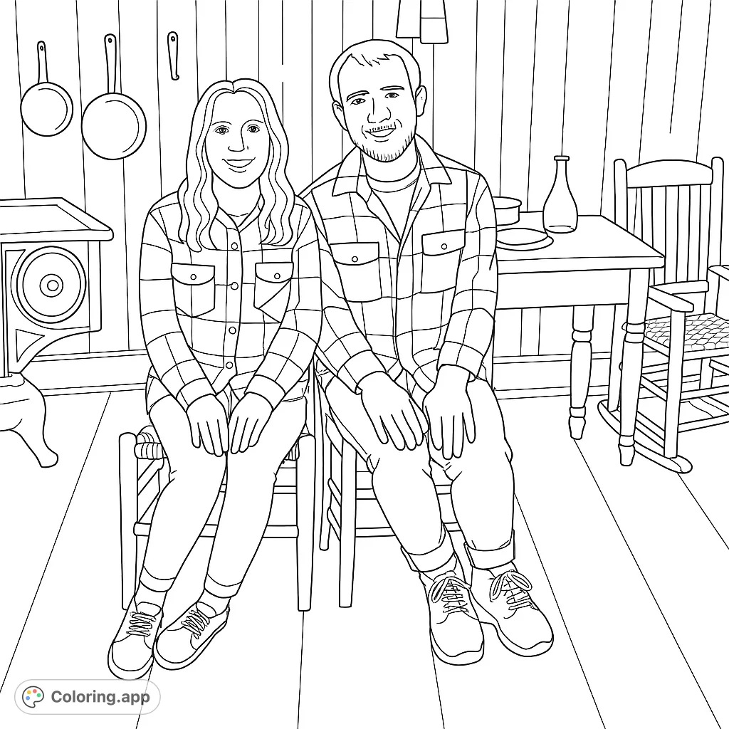 Capture a charming rustic scene with a smiling couple. This free printable coloring page features a cozy interior, perfect for a relaxing creative session.