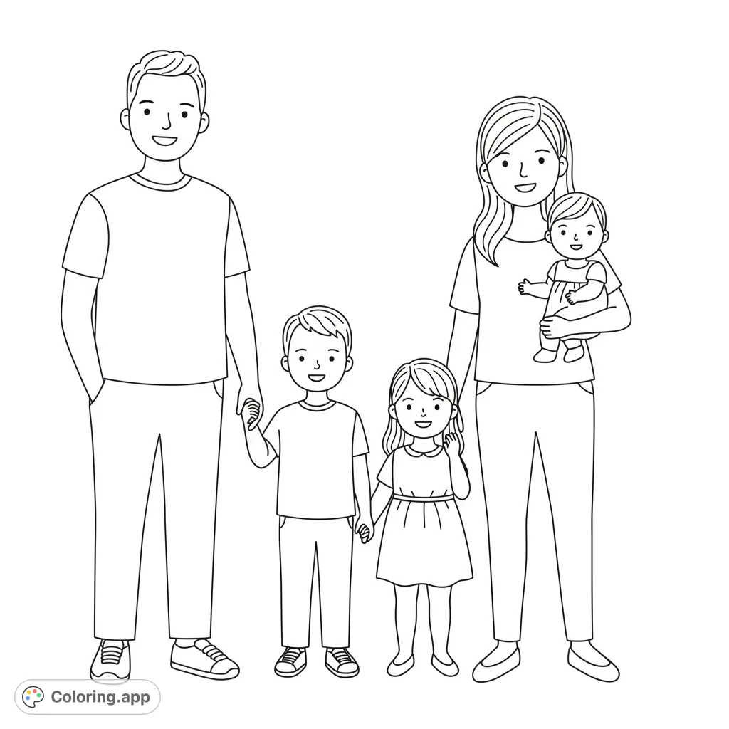 A heartwarming, simple family portrait featuring a dad, mom, boy, and baby girl. Perfect for young colorists to bring to life with their favorite shades.