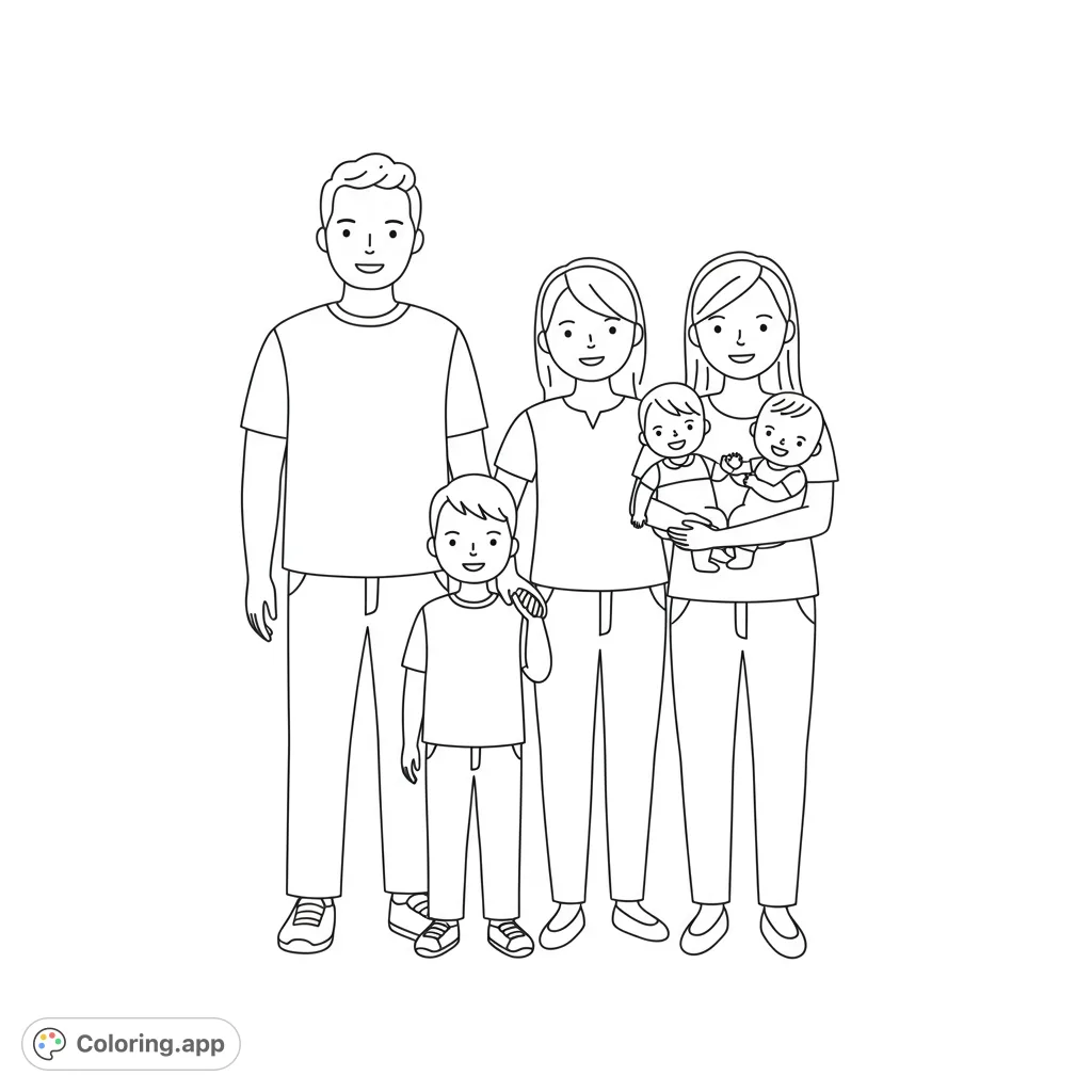 A heartwarming family portrait featuring a dad, mom, young boy, and baby girl, all with simple, friendly expressions. Perfect for young colorists.