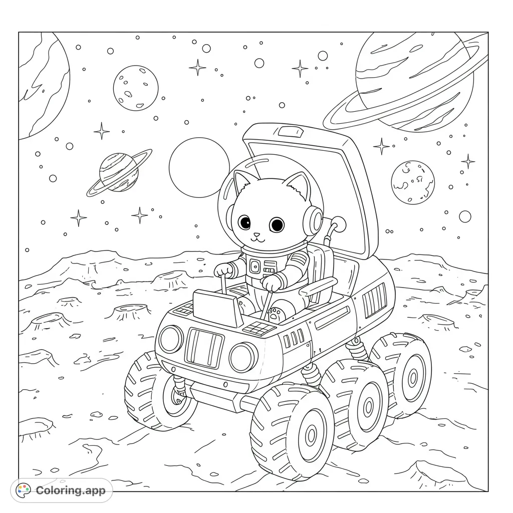An adorable kitty in a space helmet drives a rover on the moon, with planets in the cosmic background. A fun space adventure coloring page.