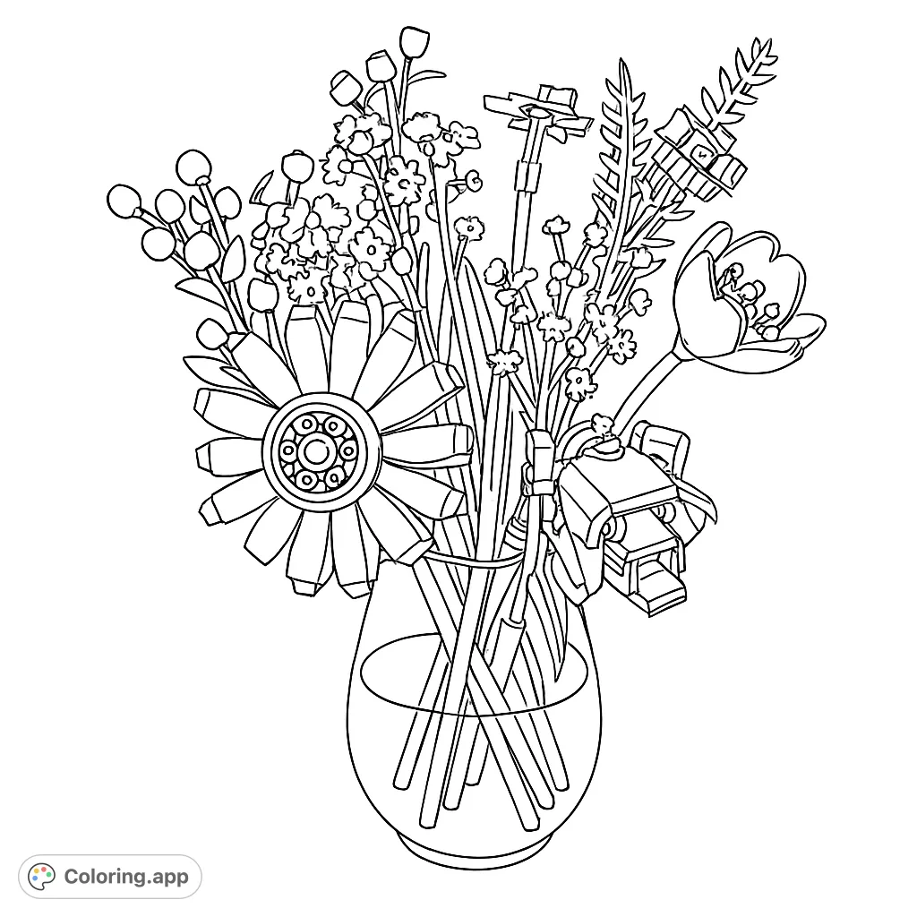 An intricate brick-built floral bouquet in a textured vase, perfect for detailed coloring. Features a sunflower, rose, tulip, and berries.