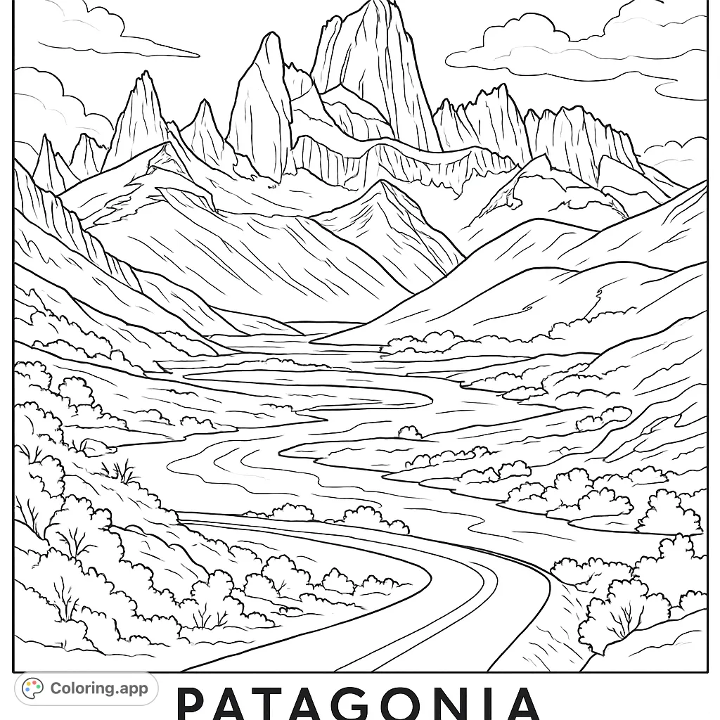 Explore a stunning Patagonian landscape featuring majestic mountains, a winding river, and a scenic road. A free printable nature coloring page for all ages.