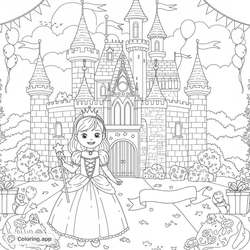 A delightful princess coloring page featuring a joyful young girl in a grand gown and crown, standing before a majestic castle, perfect for celebration!