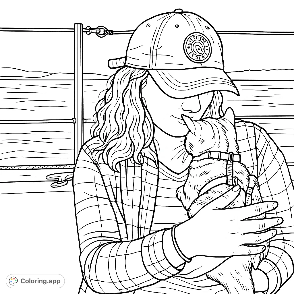 A heartwarming boating scene featuring a person cuddling their feline friend. Perfect for animal lovers and those who enjoy nautical themes.