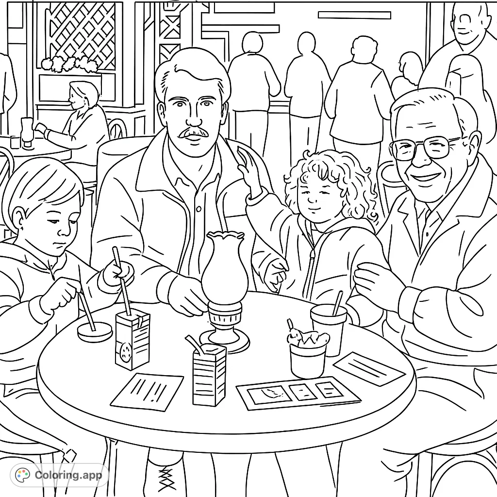 A heartwarming family cafe scene, perfect for all ages. Features multiple generations enjoying a moment together at a table.