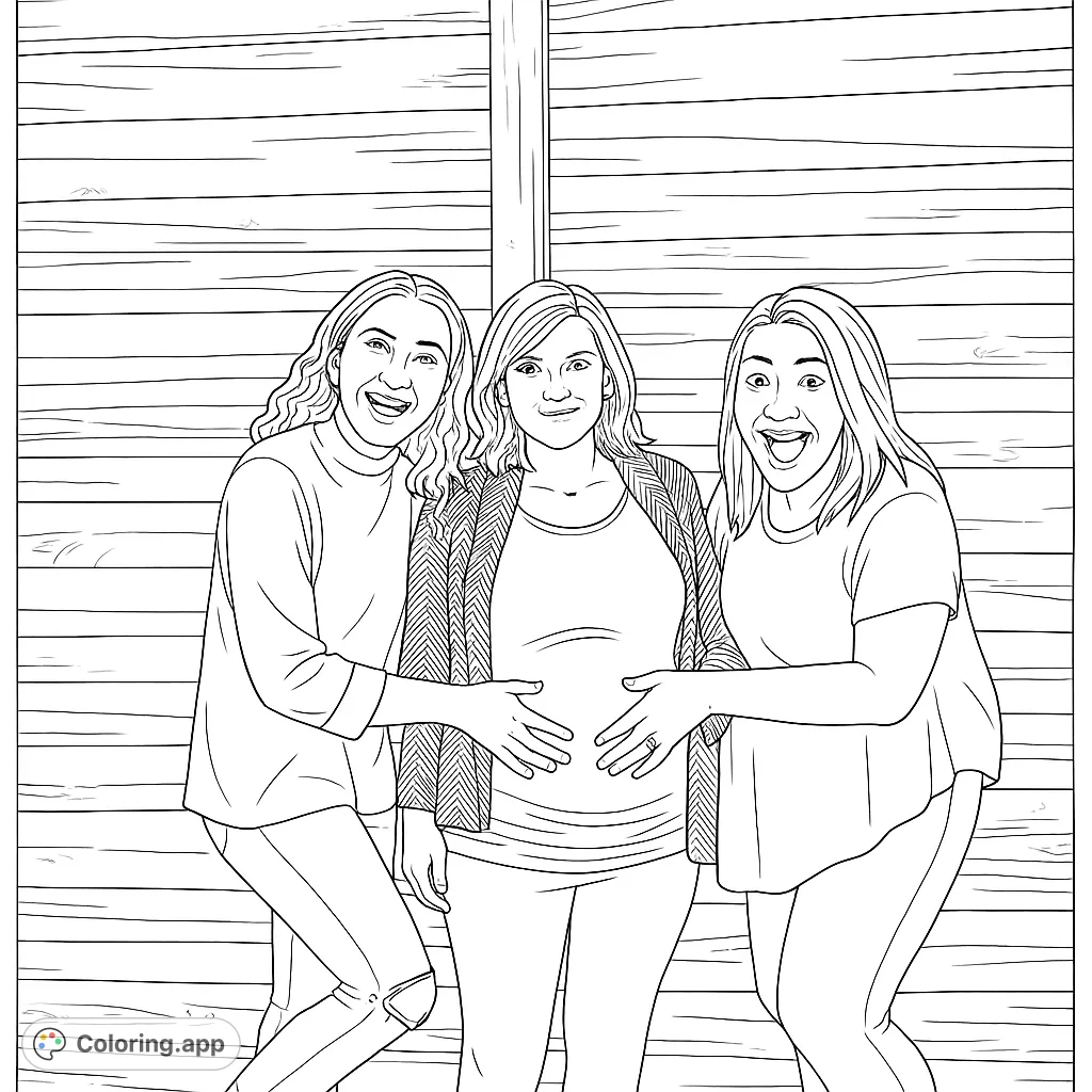 Three joyful friends, one expecting, celebrate new beginnings against a rustic wooden backdrop. A heartwarming scene for all ages.