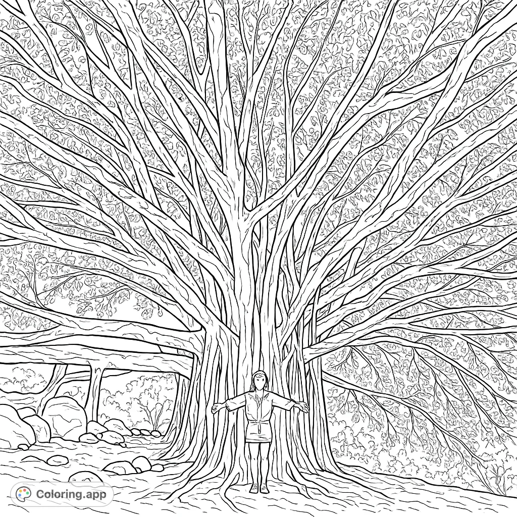 Explore a majestic banyan tree with sprawling branches and aerial roots, featuring a person embracing its grandeur. A nature-themed coloring page.