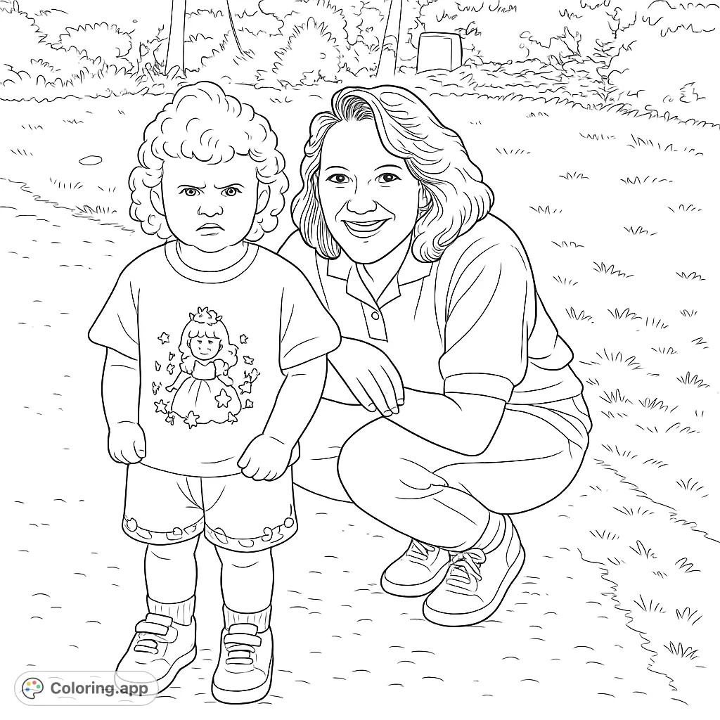 Capture a heartwarming moment between a mother and child in this charming portrait. Perfect for family-themed coloring fun.