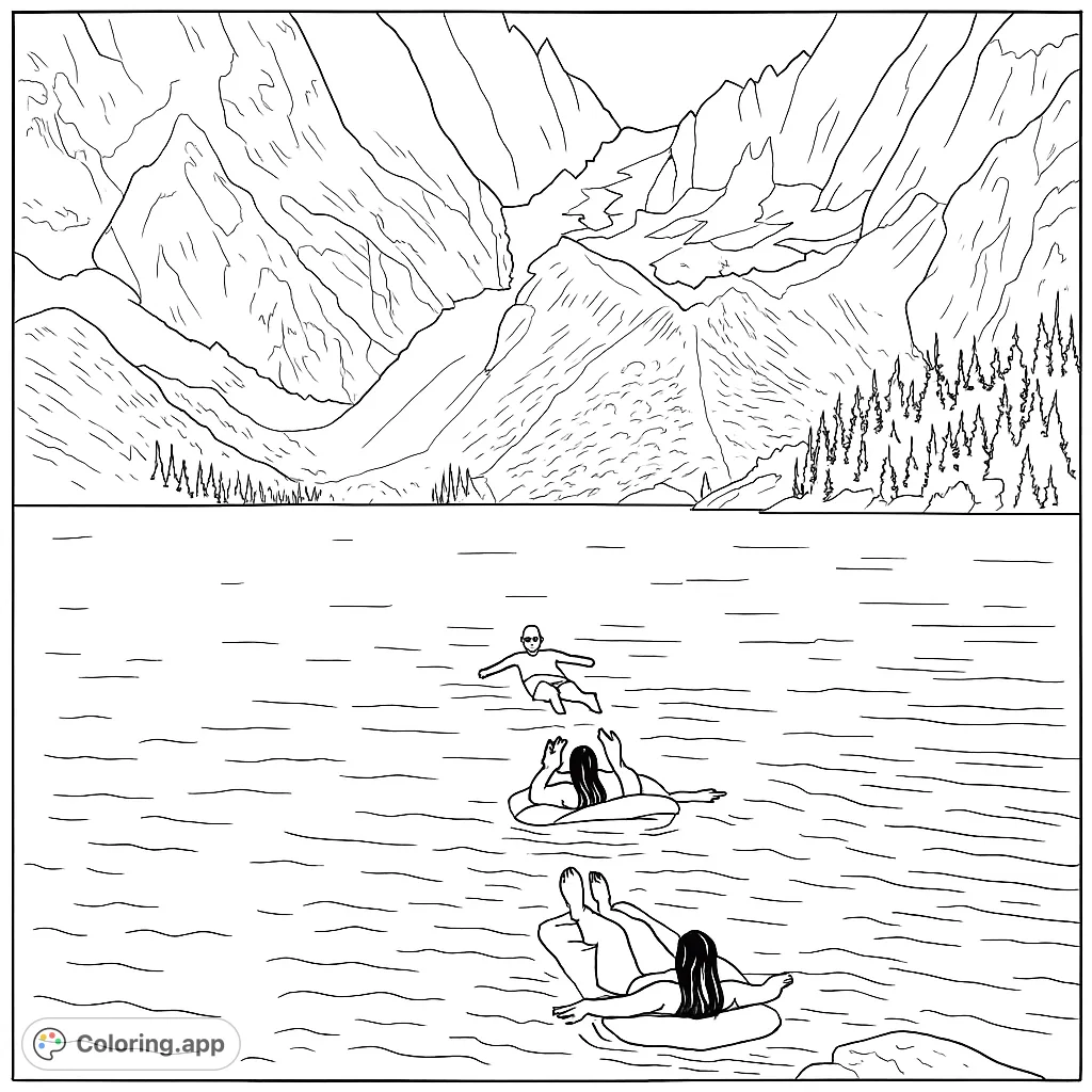 A serene mountain lake scene with two people floating peacefully on rafts, surrounded by majestic peaks and clear waters, perfect for relaxation.