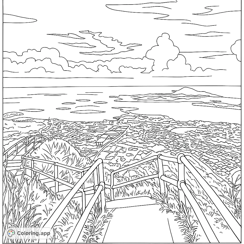 A dramatic mountain staircase overlooks a sprawling coastal city and vast ocean with islands, offering a detailed landscape for coloring.