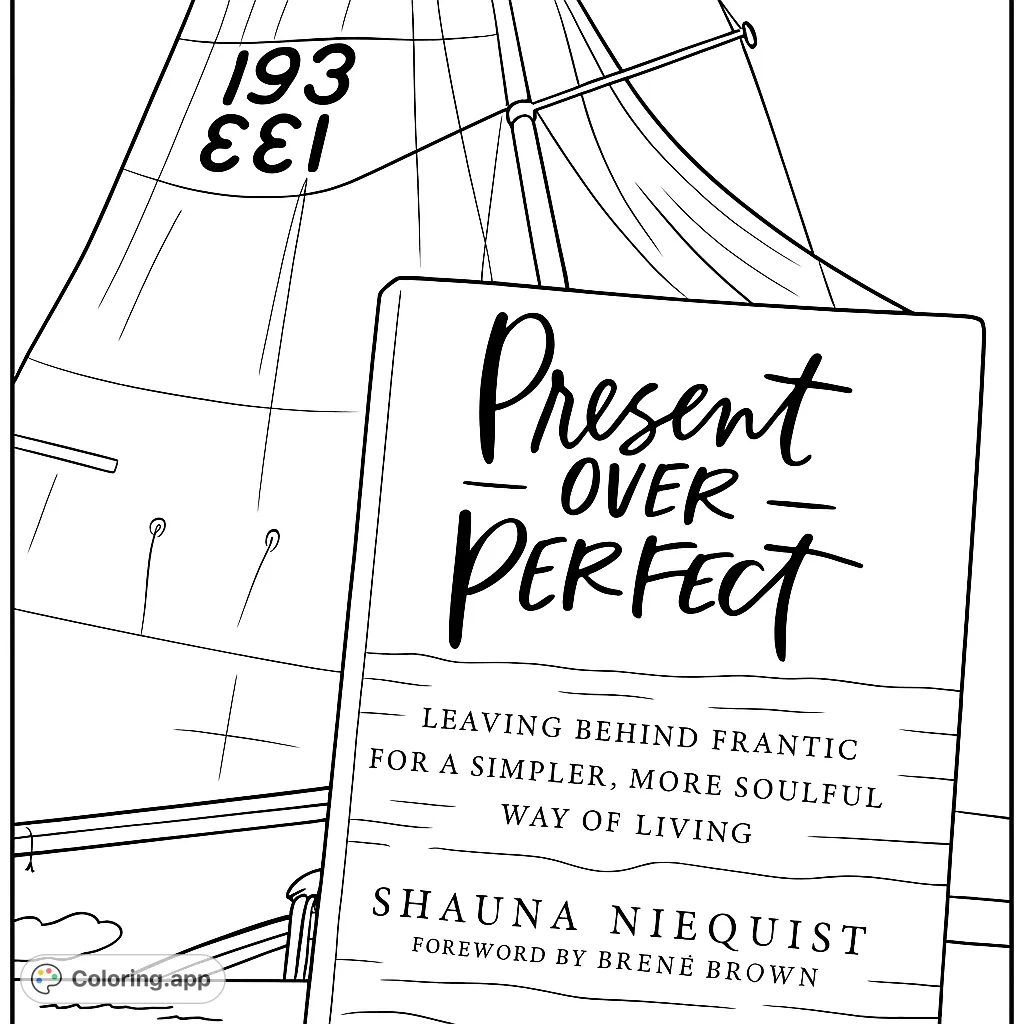 Capture a serene moment with a book on a sailboat. This free printable coloring page features a detailed book cover against a grand sail and open sky.