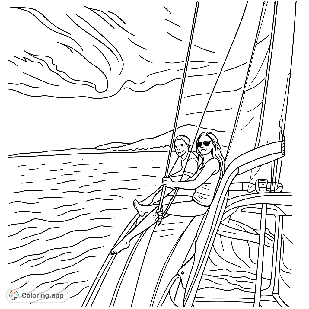 Embark on a serene sailing adventure with two friends on the open water. Features a sailboat, distant land, and a sky with clouds, perfect for a relaxing coloring experience.