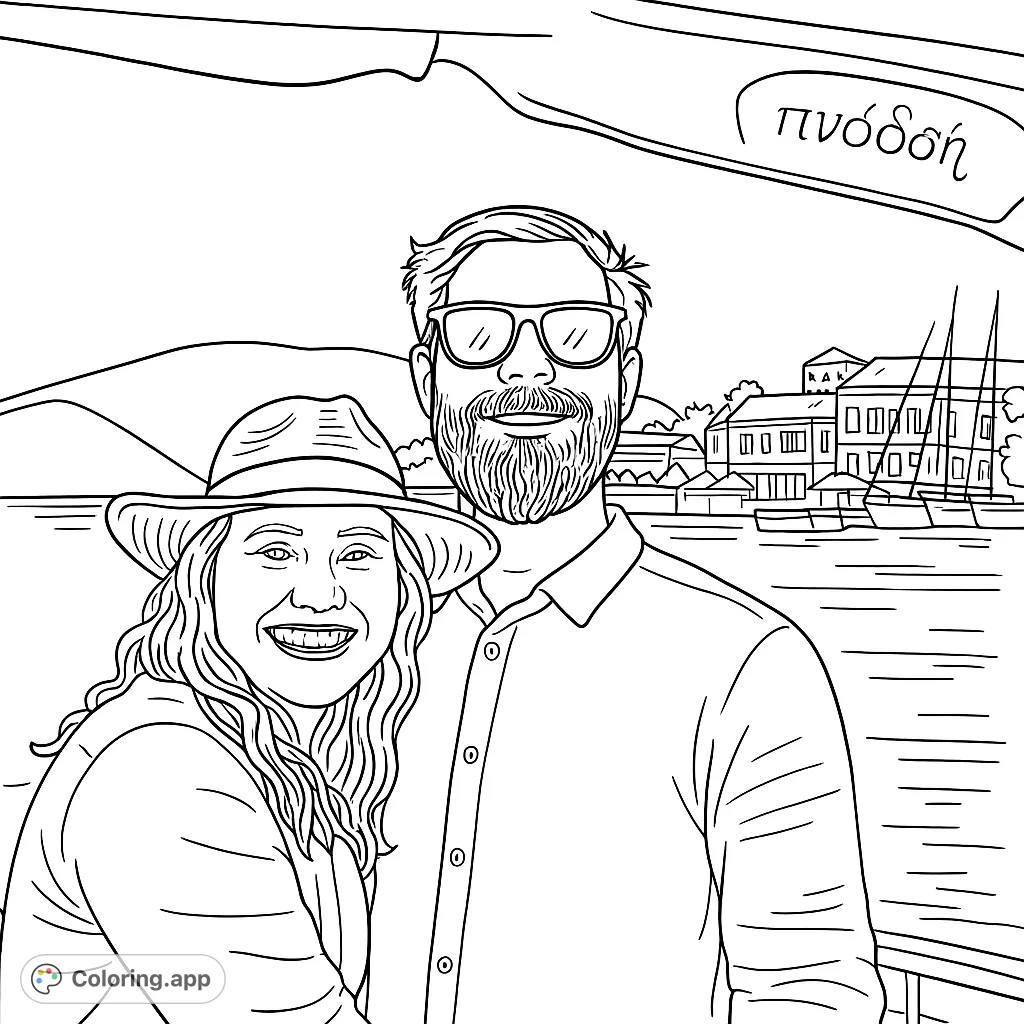 A happy couple enjoys a scenic waterfront view with distant mountains and charming village buildings, perfect for a relaxing coloring experience.