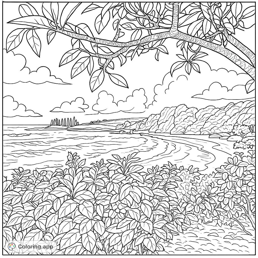 Explore a serene tropical bay with lush foliage, gentle waves, and distant hills. A perfect escape for creative coloring.