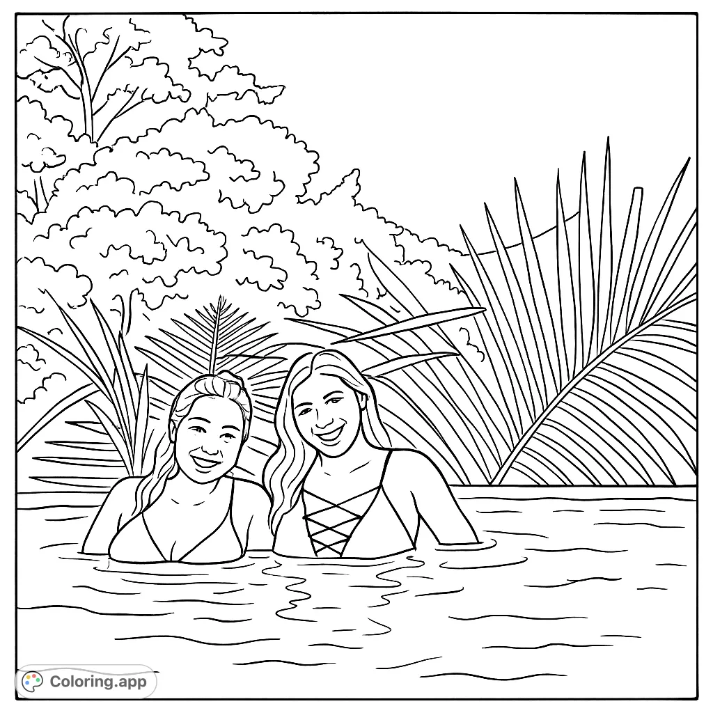 Immerse yourself in a serene tropical escape with this poolside scene. Two friends enjoy a refreshing dip amidst lush foliage, perfect for a relaxing coloring experience.