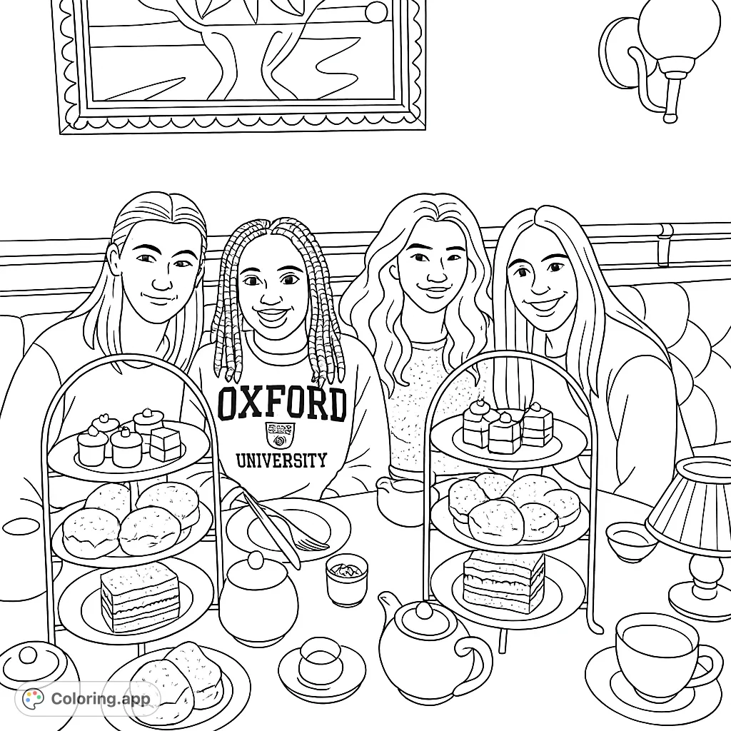 Four friends enjoying a delightful afternoon tea with tiered stands of treats, perfect for a relaxing and detailed coloring experience.