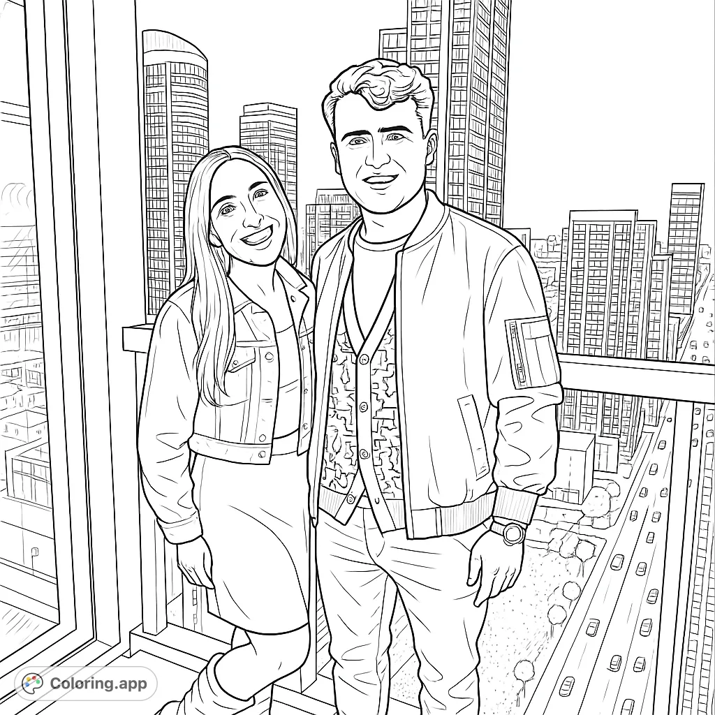 A couple enjoys a stunning city night view from a high-rise balcony, surrounded by illuminated skyscrapers. Perfect for urban scene enthusiasts.