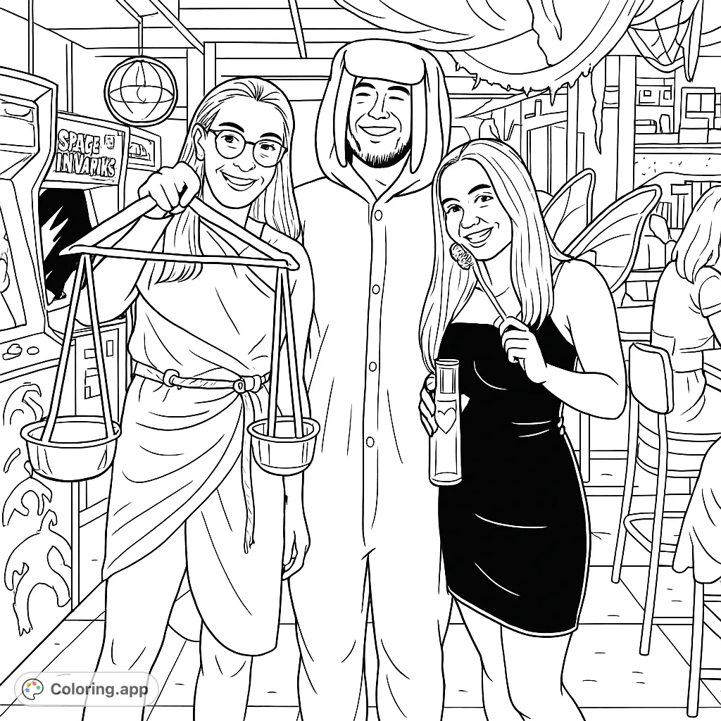 Join costumed friends for a festive gathering! This fun coloring page features unique characters and a lively party atmosphere, perfect for creative expression.