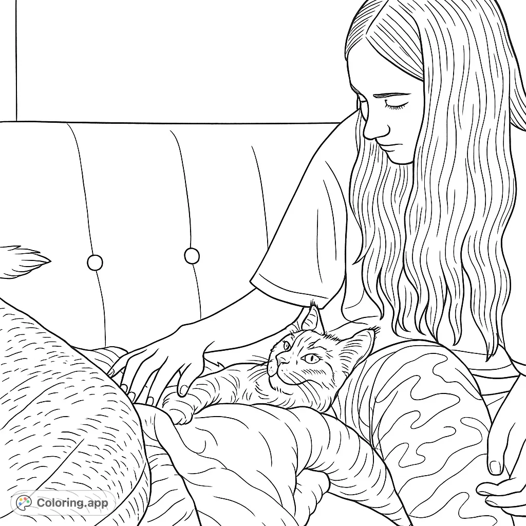 A heartwarming scene of a person gently petting a fluffy cat on a cozy sofa, perfect for a relaxing coloring experience.