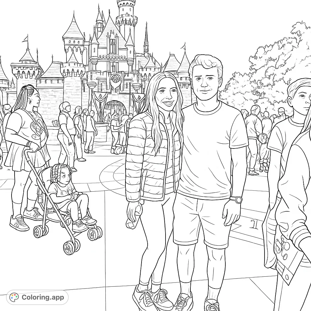 Step into a magical world with this enchanting castle scene. Features a grand fairytale castle, happy visitors, and whimsical details for a delightful coloring experience.