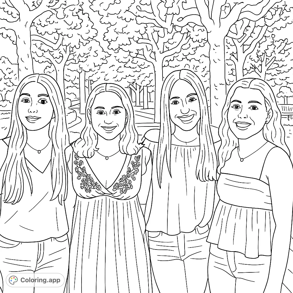 Capture the joy of friendship with this free printable coloring page featuring four smiling young women amidst a scenic outdoor setting with large trees.