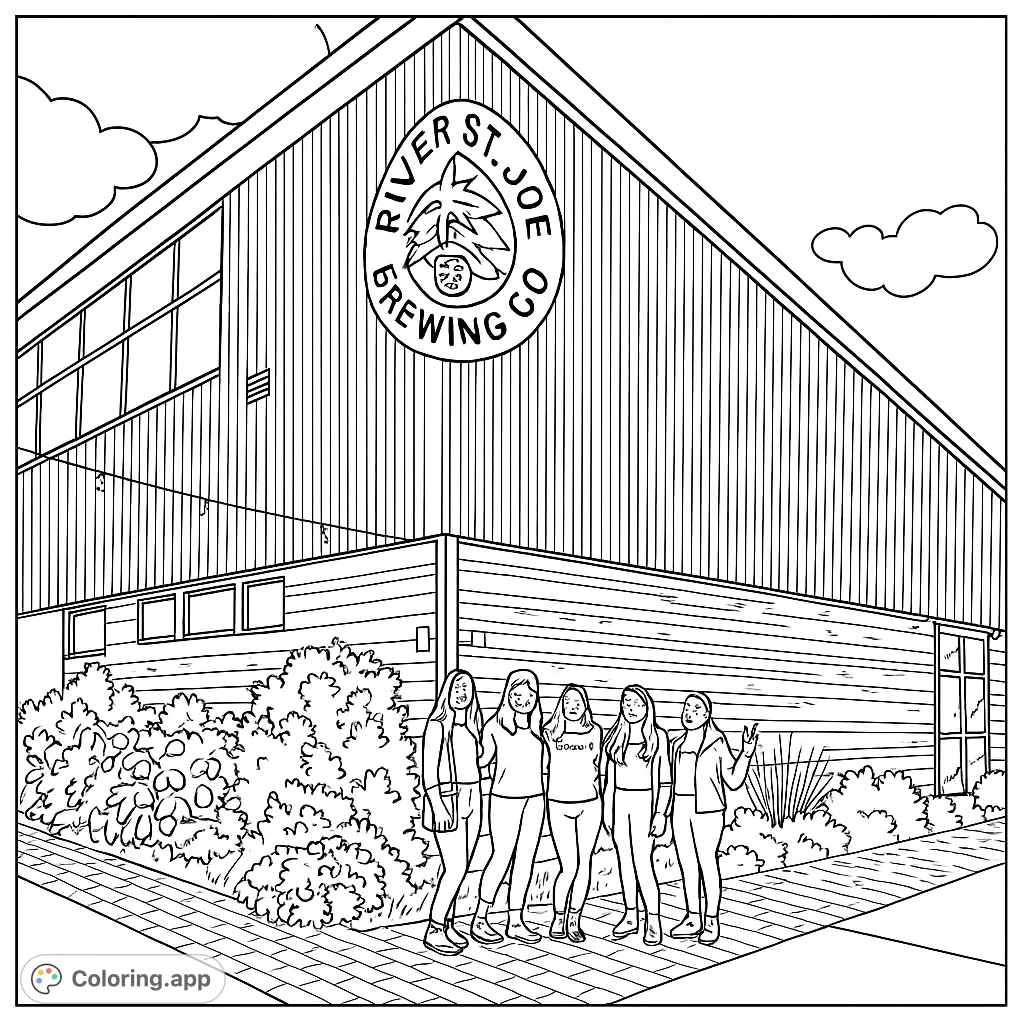 A fun brewery coloring page featuring six friends posing in front of an industrial building with a unique sign. Perfect for urban scene enthusiasts.