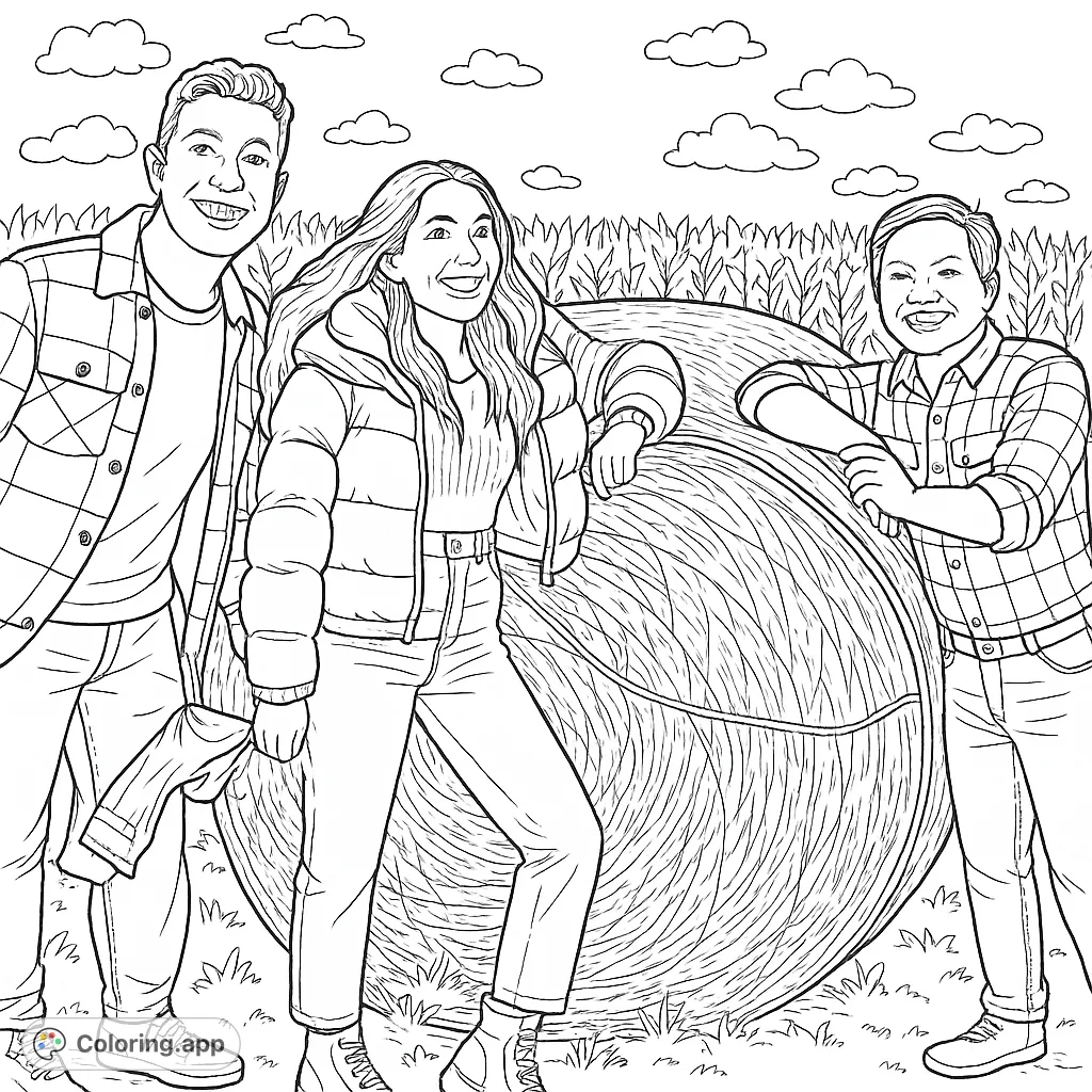 Three friends pose happily by a large hay bale in a sunny field, perfect for a fun autumn coloring page.