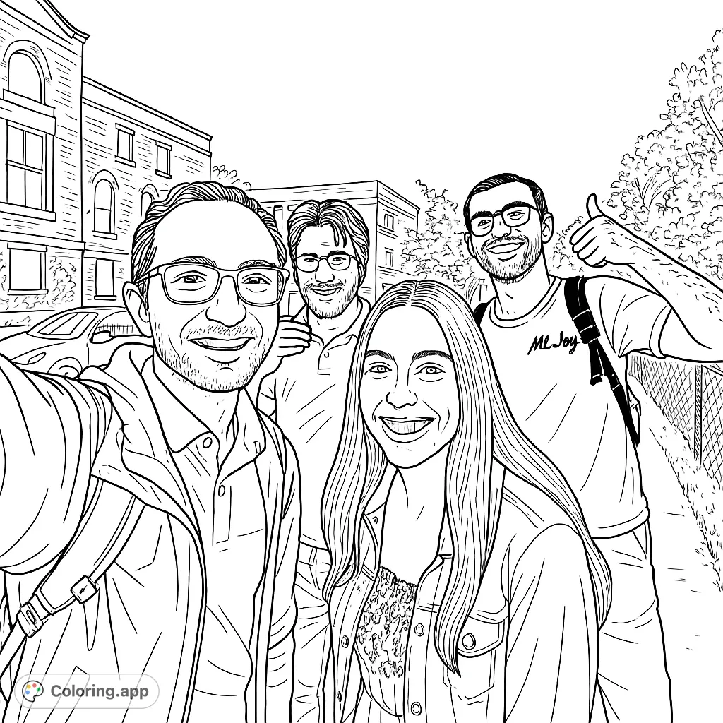 A cheerful group of friends captured in a selfie outdoors, with urban buildings and trees in the background, perfect for a fun coloring session.