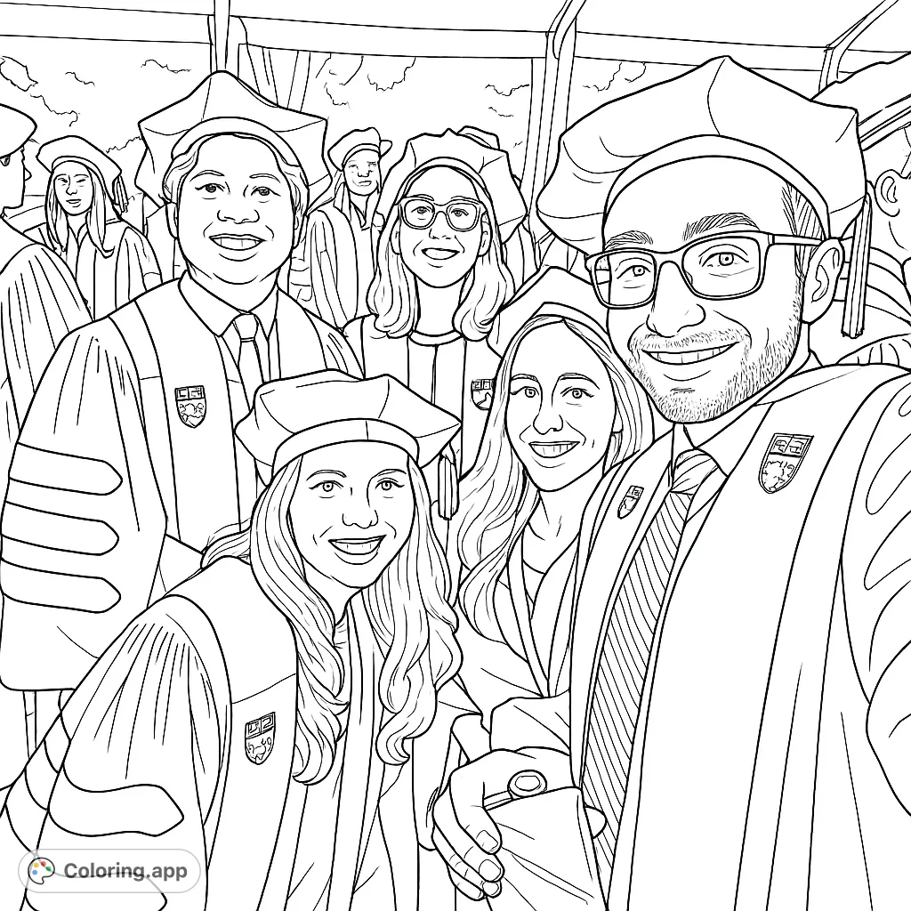 Celebrate academic success with this graduation coloring page, featuring a group of smiling graduates in their formal robes and caps.