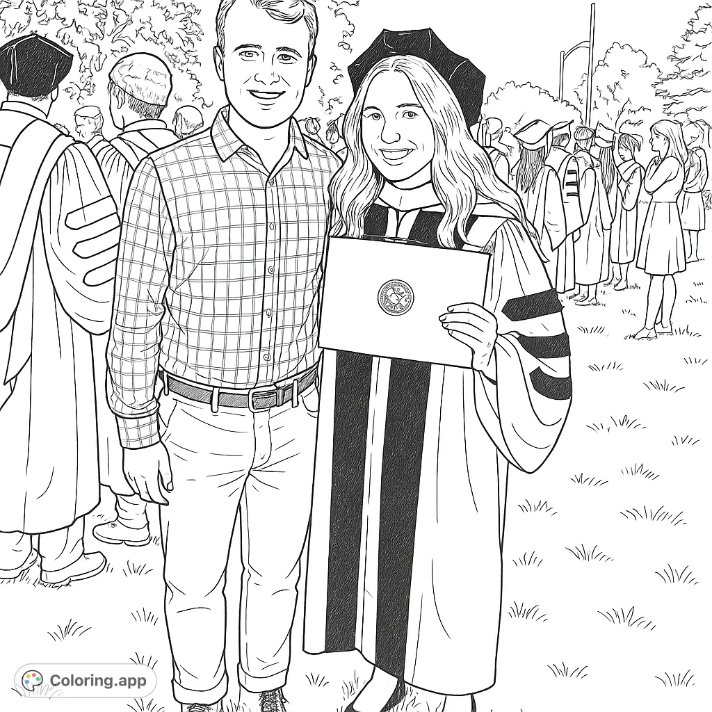 Celebrate academic success with this graduation coloring page featuring a proud graduate in regalia and a supportive companion on a festive day.