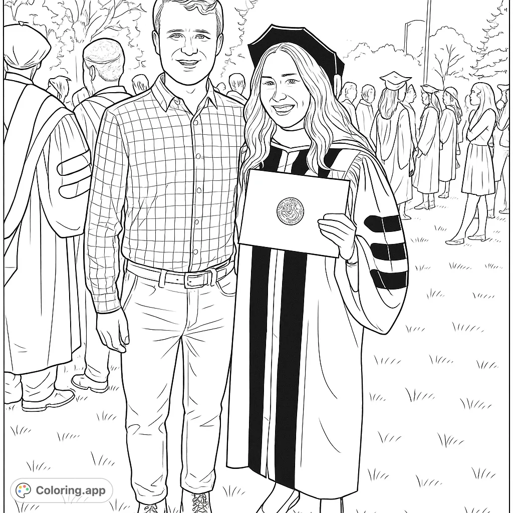 Celebrate academic success with this graduation coloring page featuring a proud graduate in regalia and a supportive companion on a festive day.