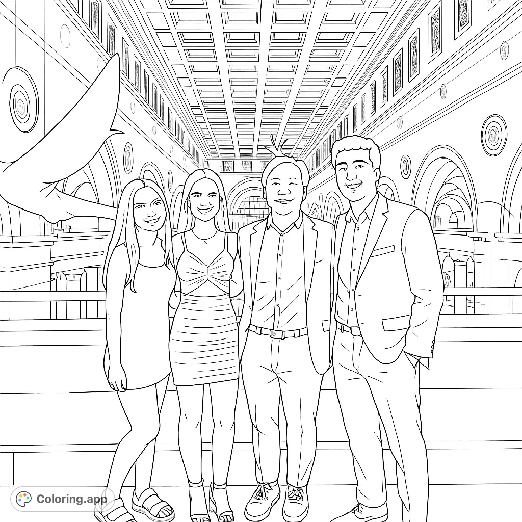 Color a grand hall scene with four friends, featuring ornate architecture, a large chandelier, and a suspended skeletal display. Perfect for detailed coloring.