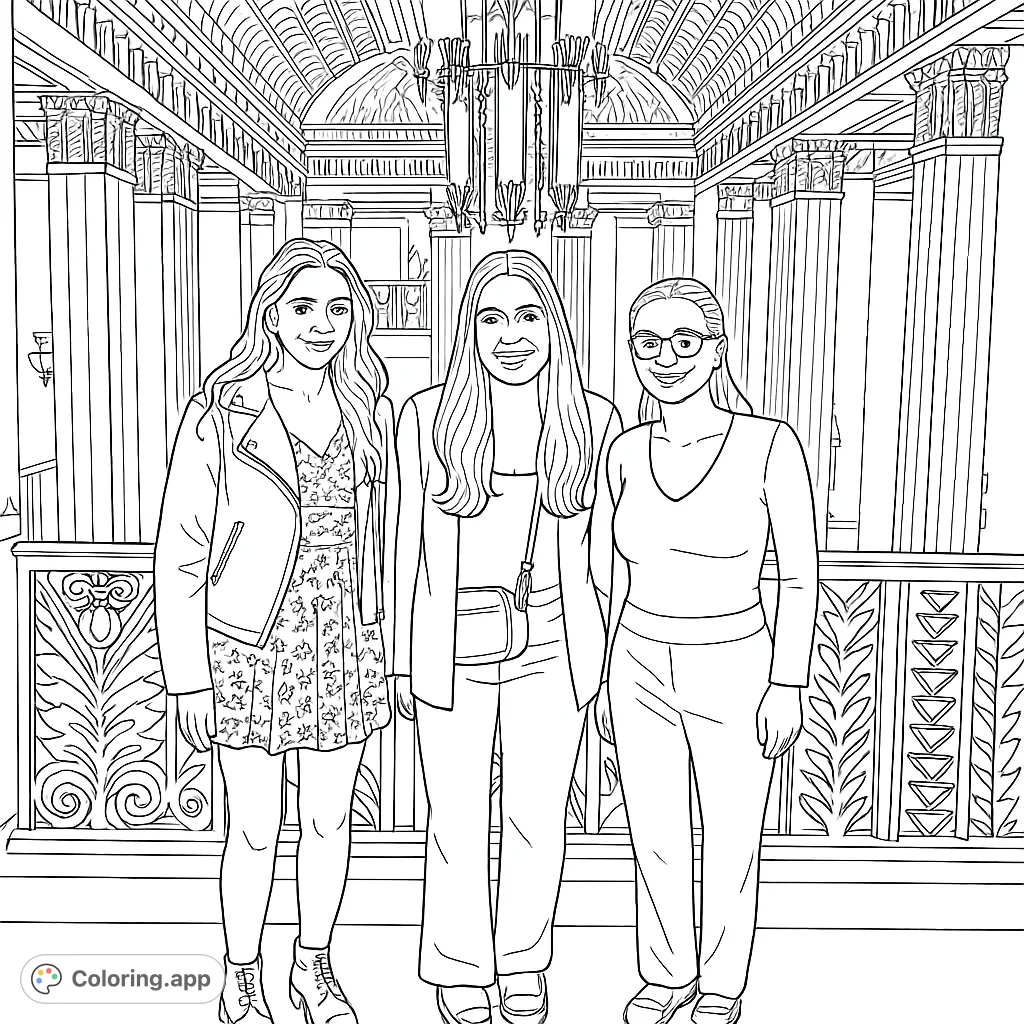 Color a grand hall scene with three individuals, featuring intricate architectural details, a majestic chandelier, and ornate patterns.