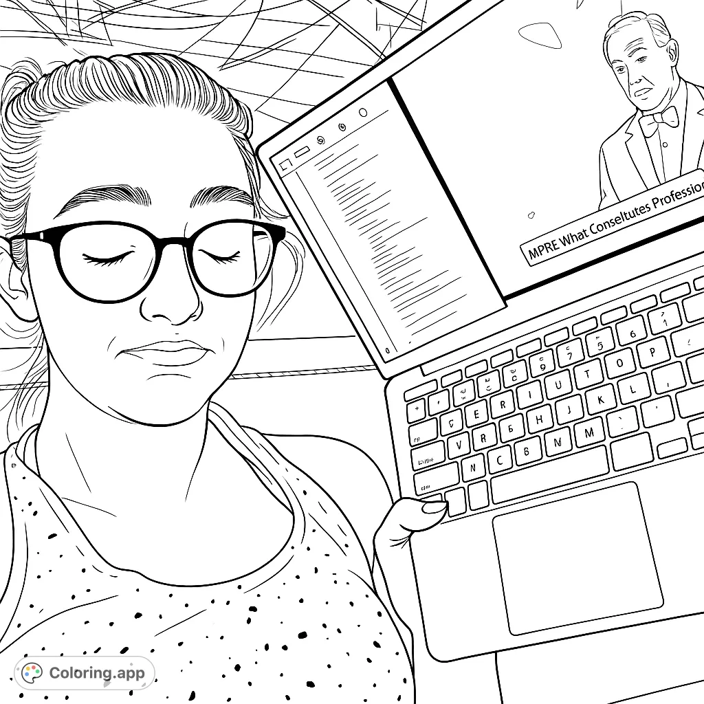 Engage in a focused online study session with this detailed coloring page featuring a person with glasses and a laptop, perfect for students and learners.
