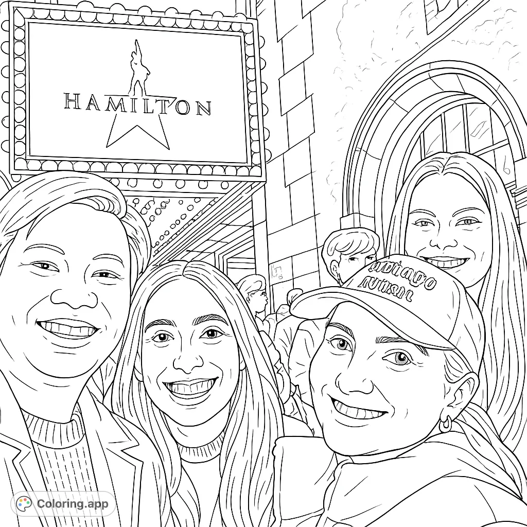 Capture the excitement of a theater night with friends in front of a grand marquee. A fun, detailed scene perfect for bringing to life with your favorite colors.