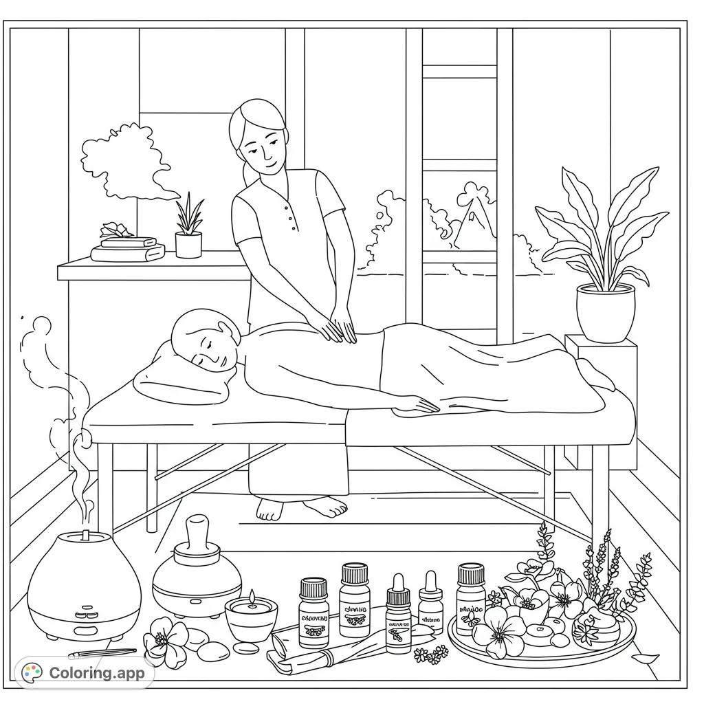 Unwind with this aromatherapy massage coloring page. Features a serene scene of relaxation, perfect for mindfulness and self-care.
