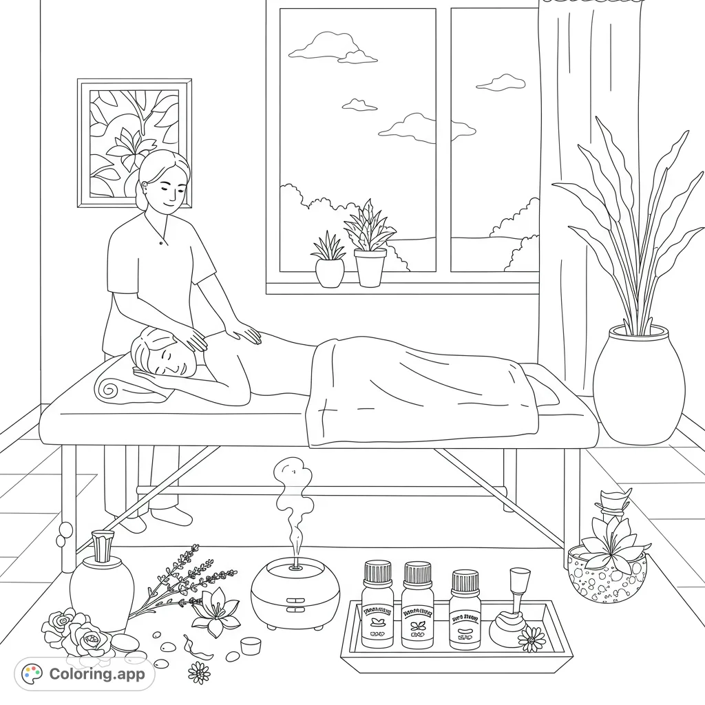 Unwind with this aromatherapy massage coloring page. Features a serene scene of relaxation, perfect for mindfulness and self-care.